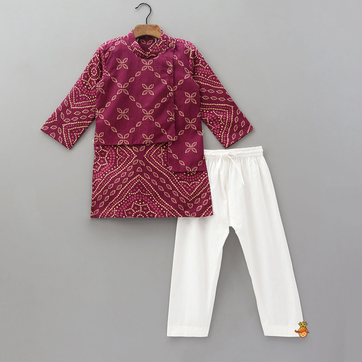 Bandhani Inspired Print Kurta With Attached Asymmetric Jacket And Pyjama