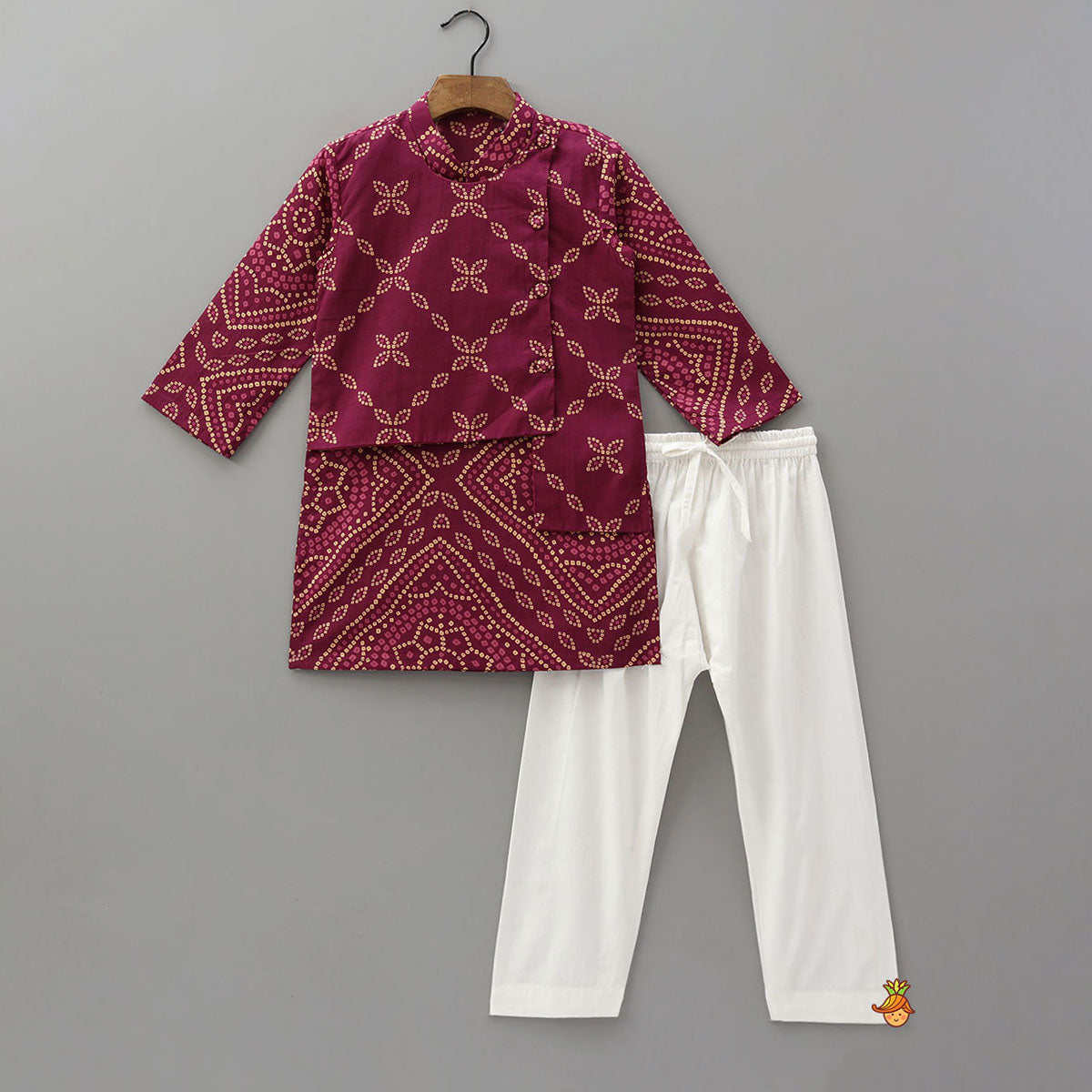 Bandhani Inspired Print Kurta With Attached Asymmetric Jacket And Pyjama