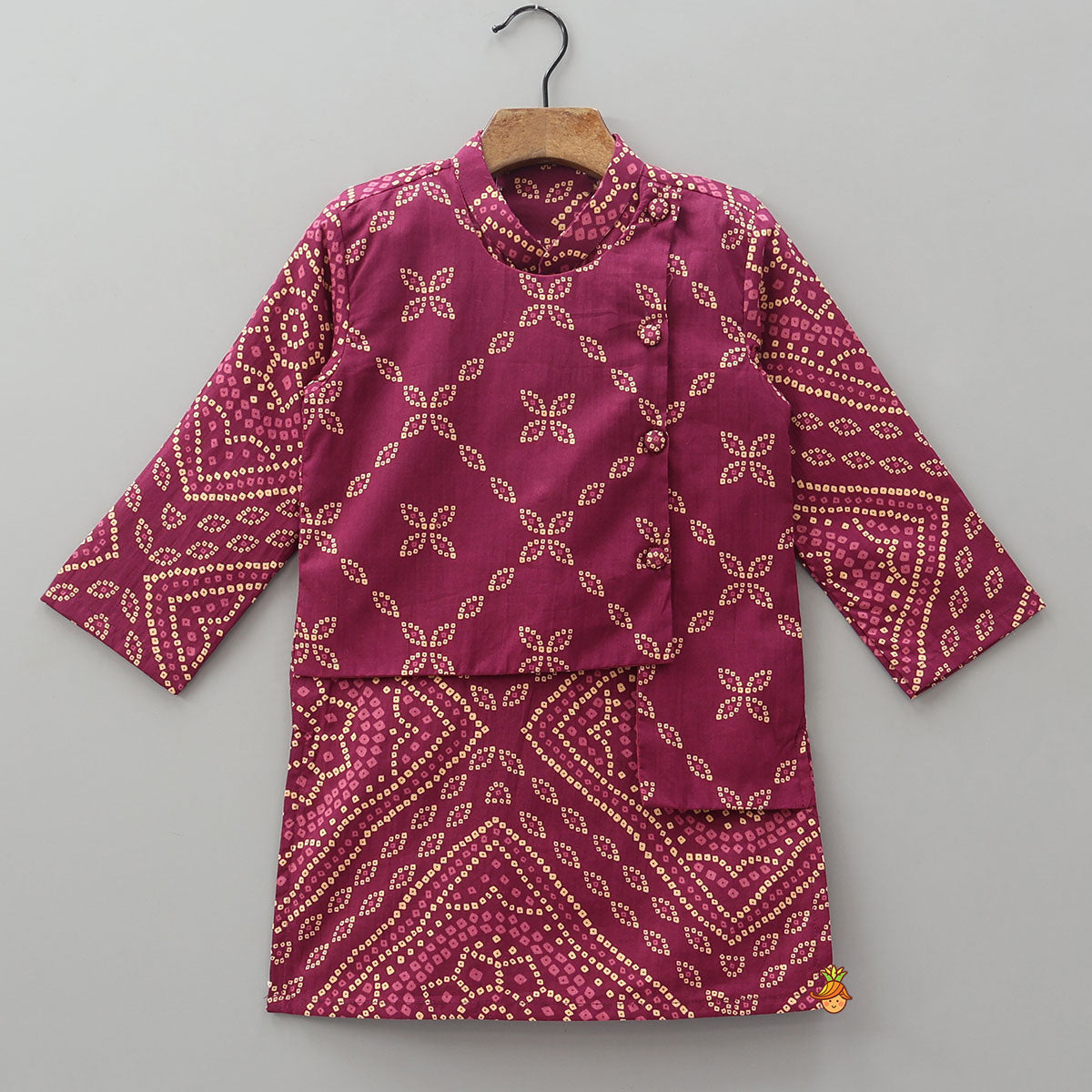 Bandhani Inspired Print Kurta With Attached Asymmetric Jacket And Pyjama
