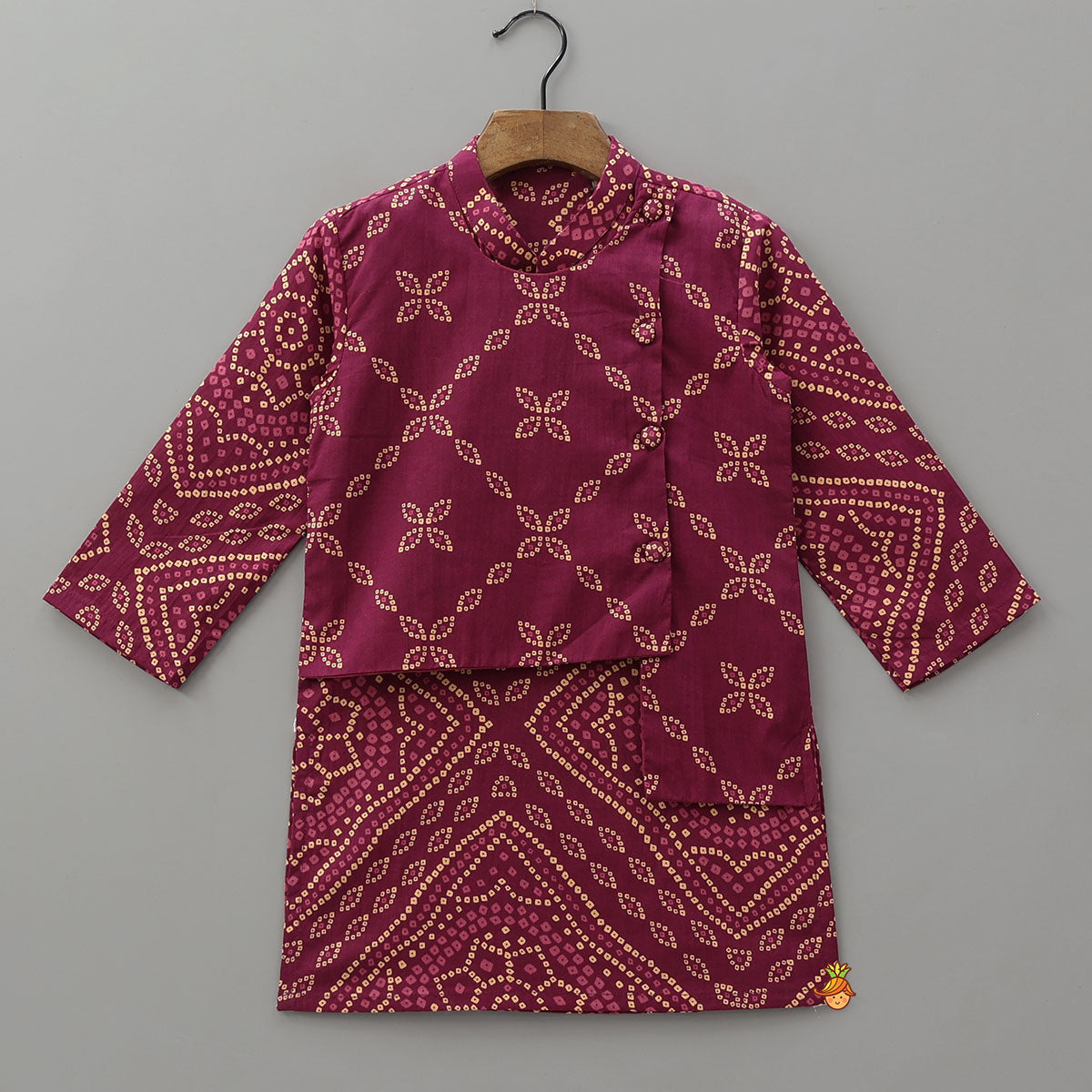 Bandhani Inspired Print Kurta With Attached Asymmetric Jacket And Pyjama