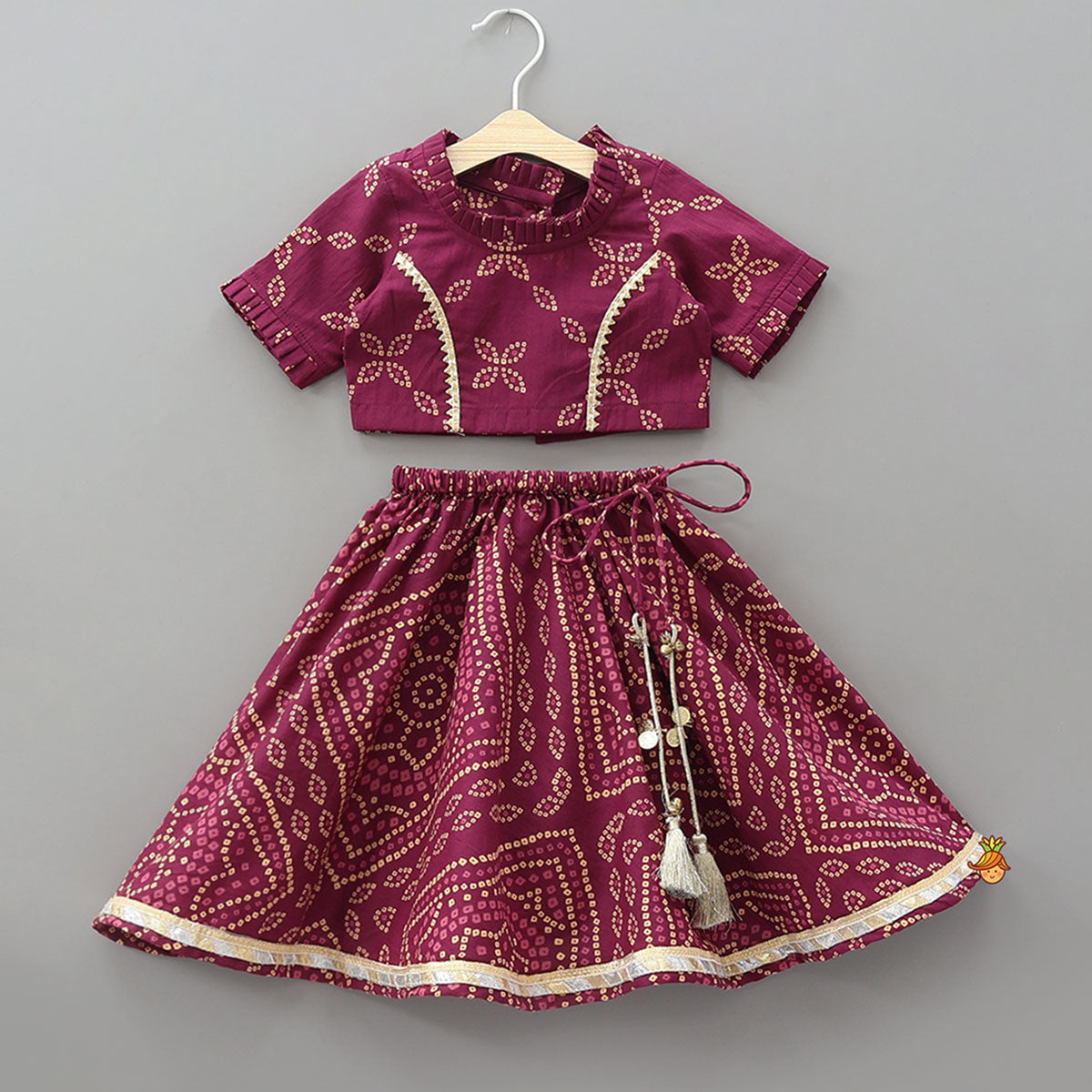 Bandhani Printed Elegant Crop Top And Lehenga With Matching Booties And Head Band