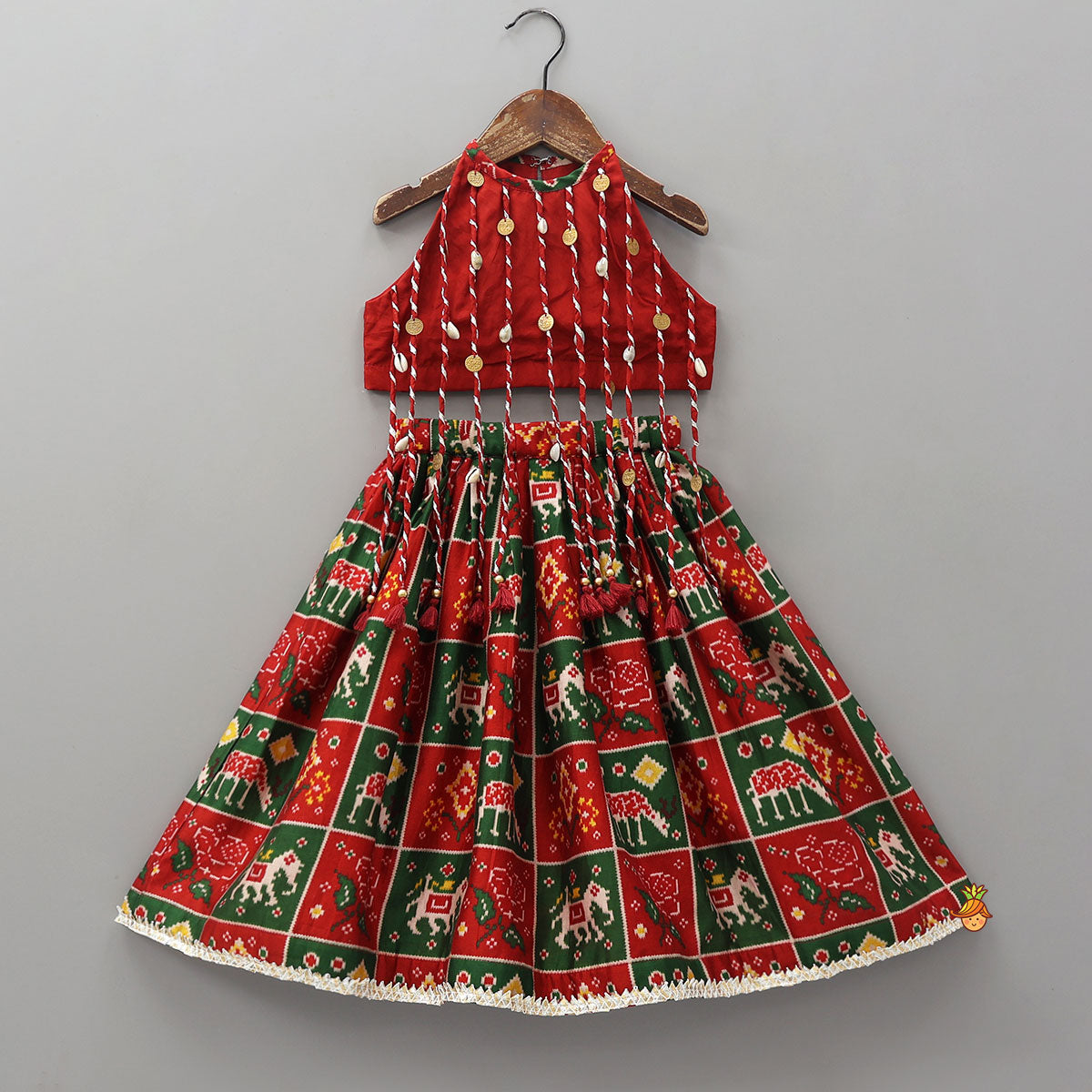 Tassel Detailed Crop Top With Folk Art Inspired Printed Skirt