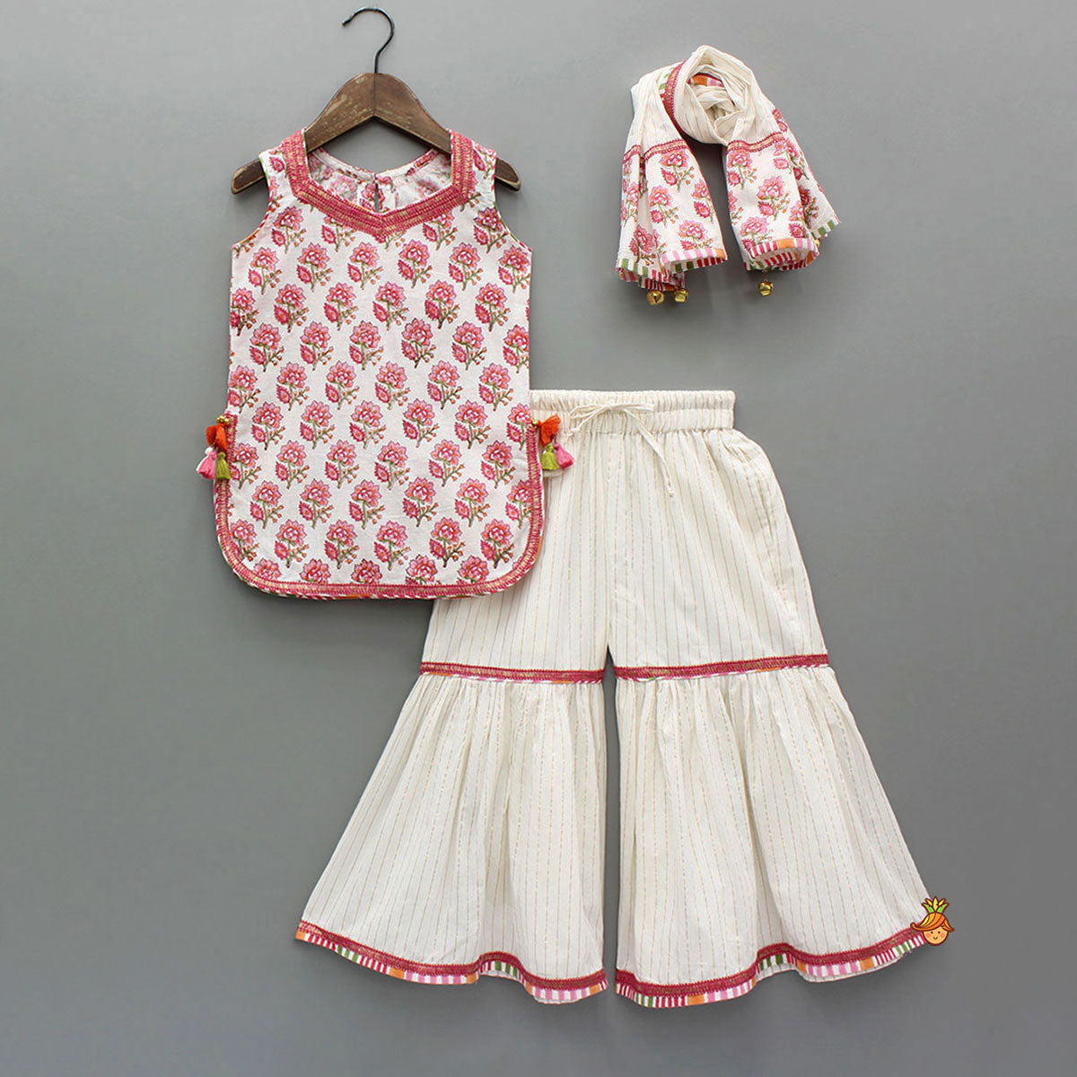 Floral Printed Cotton Kurti With Sharara And Dupatta
