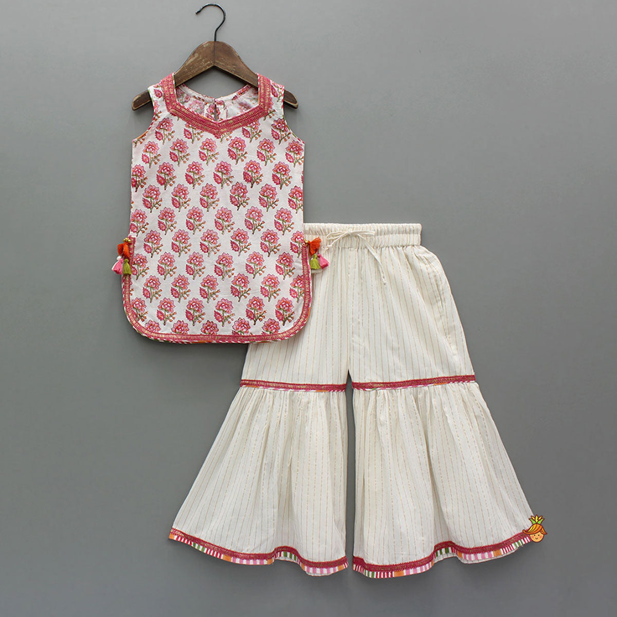 Floral Printed Cotton Kurti With Sharara And Dupatta
