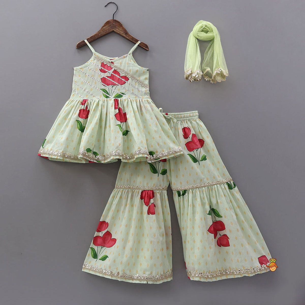 Floral Strappy Peplum Top With Sharara And Dupatta