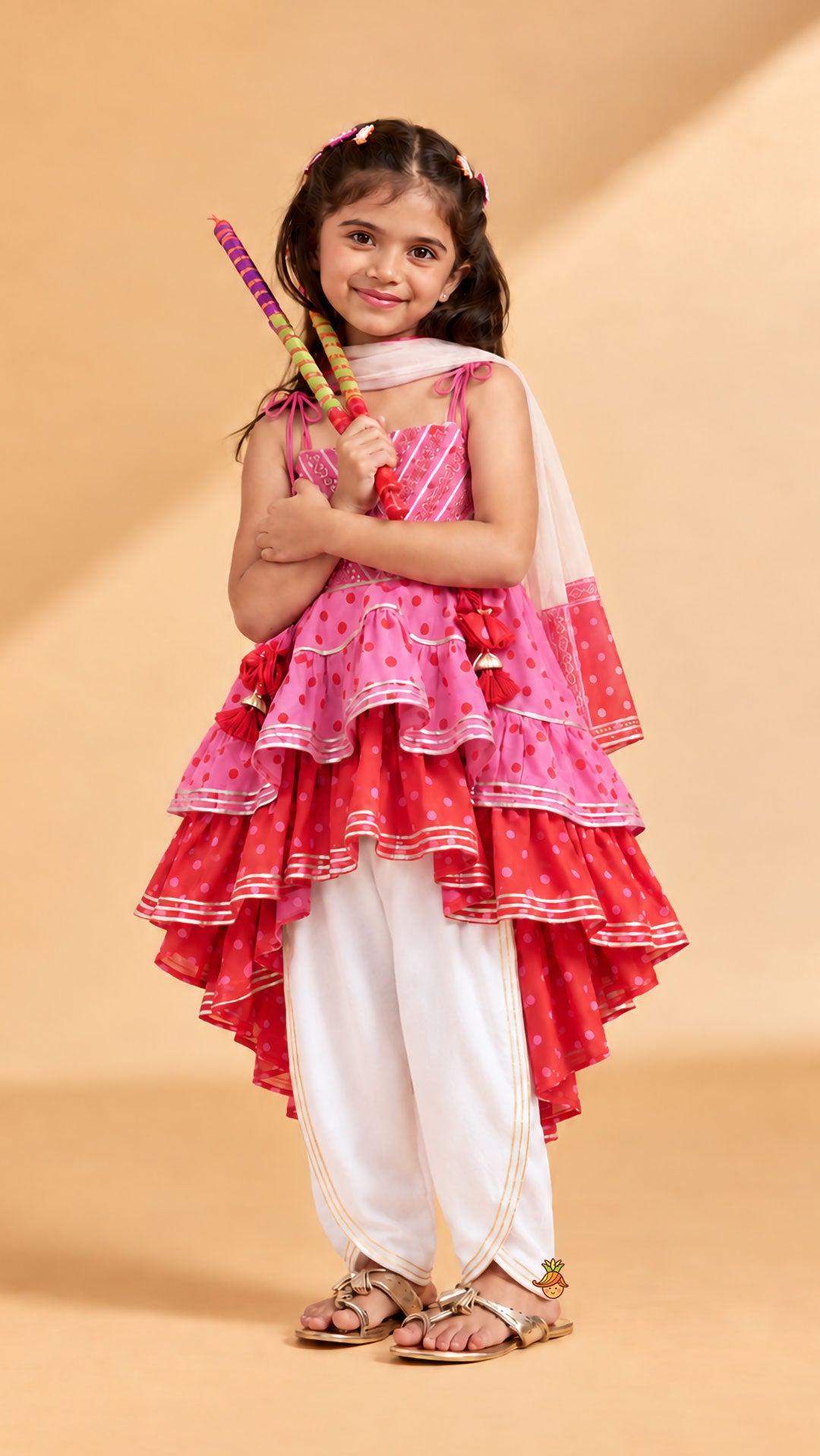 High Low Layered Kurti And Dhoti Style Pant With Dupatta