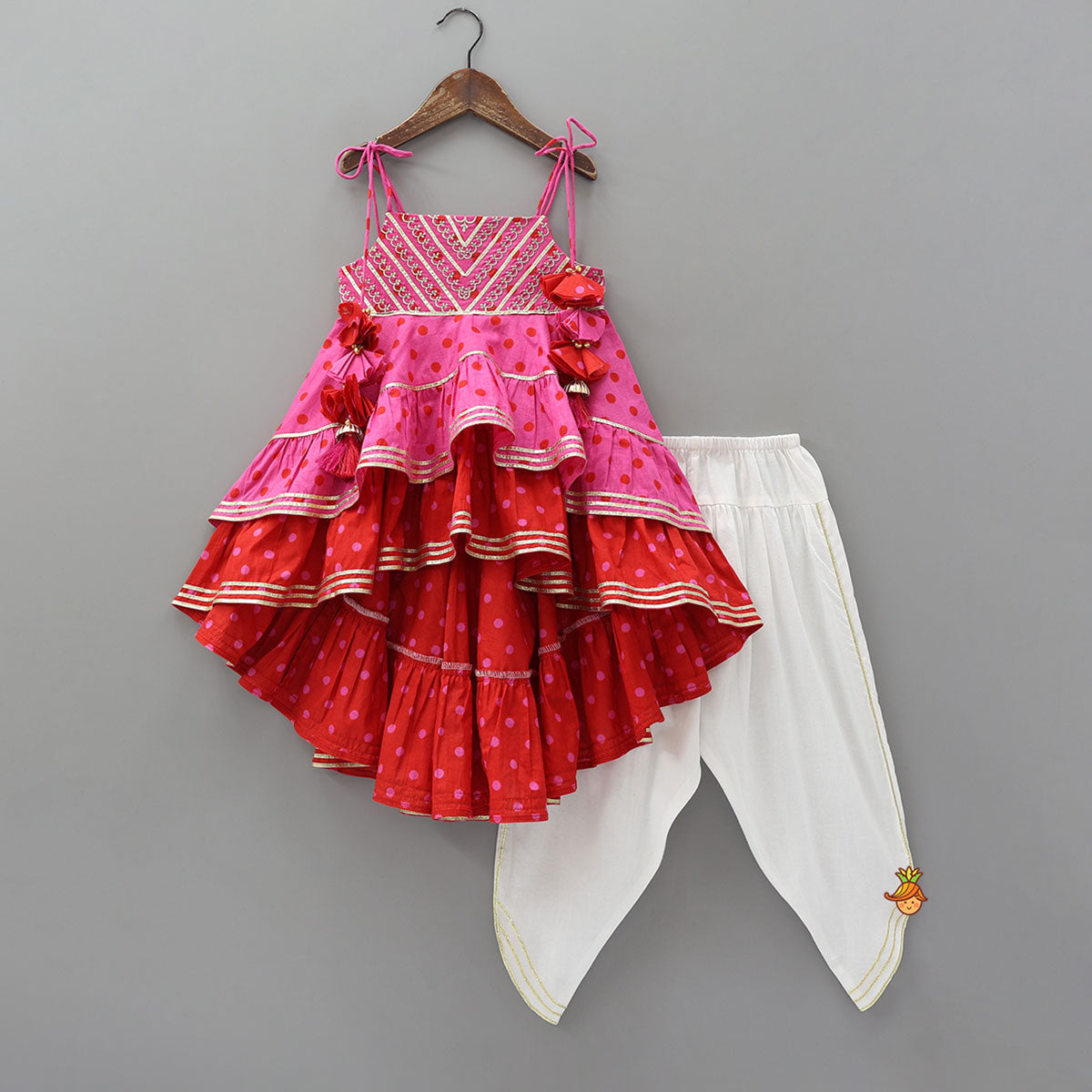 High Low Layered Kurti And Dhoti Style Pant With Dupatta