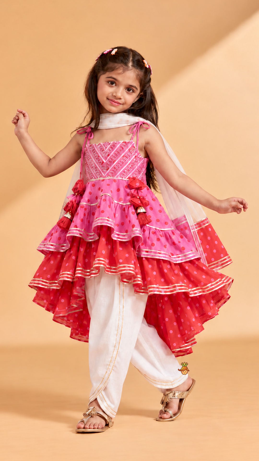 High Low Layered Kurti And Dhoti Style Pant With Dupatta