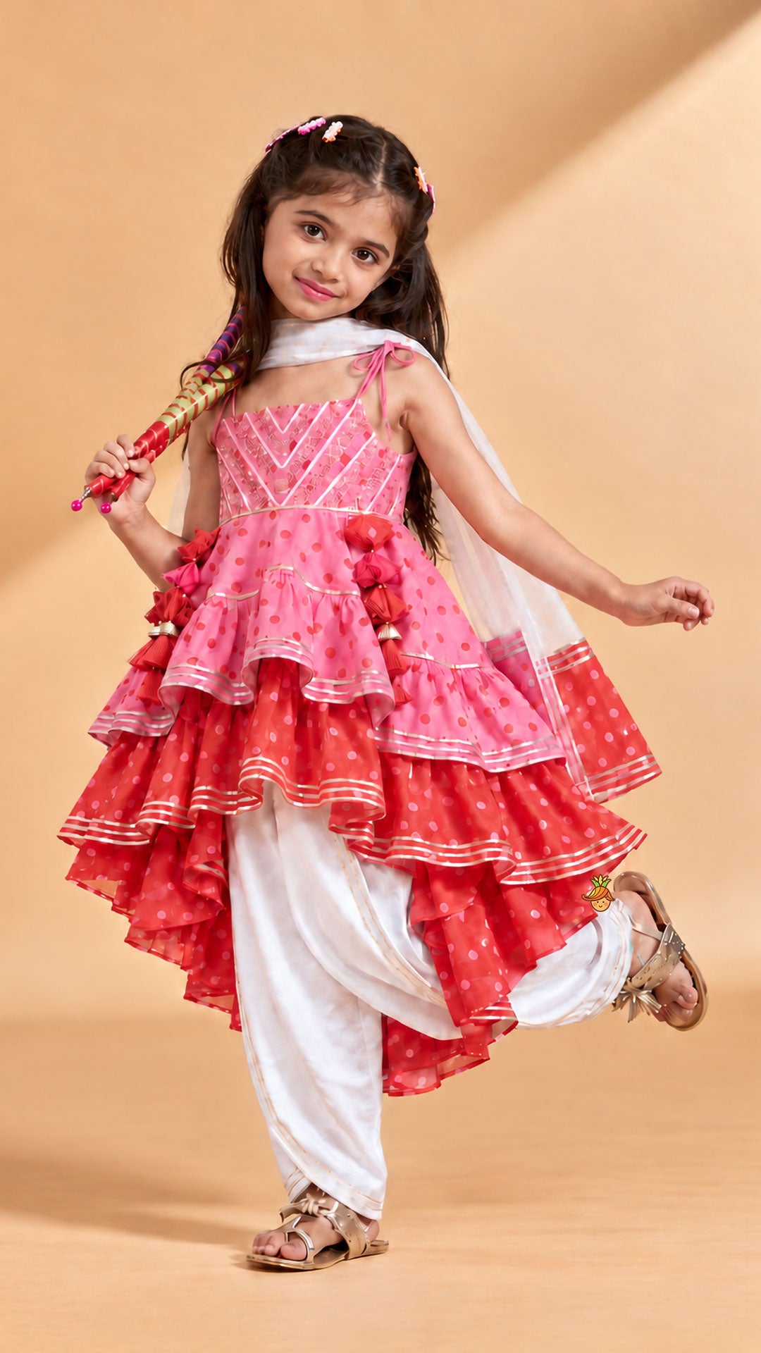 High Low Layered Kurti And Dhoti Style Pant With Dupatta