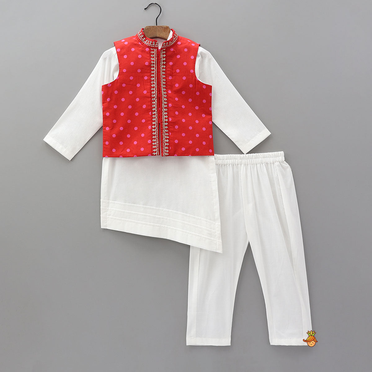 Asymmetric Kurta With Polka Dot Printed Jacket And Pyjama