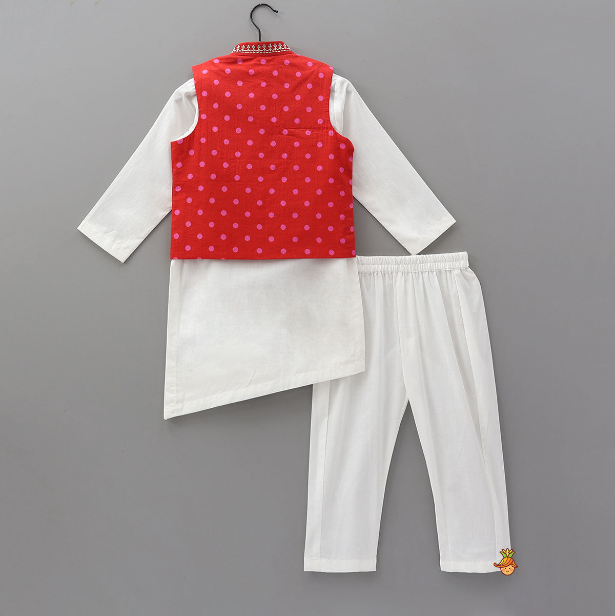 Asymmetric Kurta With Polka Dot Printed Jacket And Pyjama