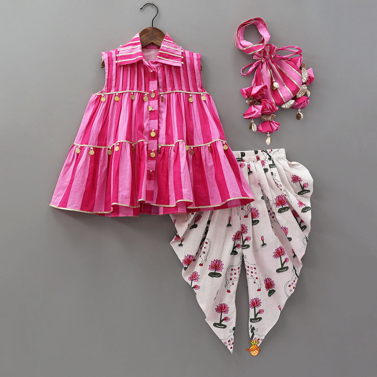 Stripe Printed Kurti With Floral Printed Dhoti And Potli Bag