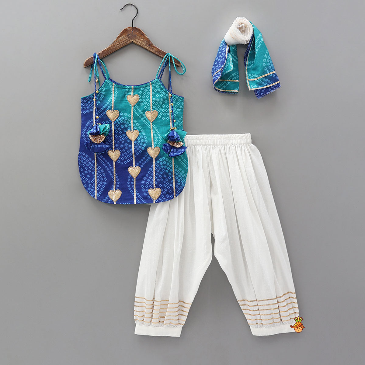 Dual Tone Bandhani Printed Top And Salwar Style Pant With Dupatta