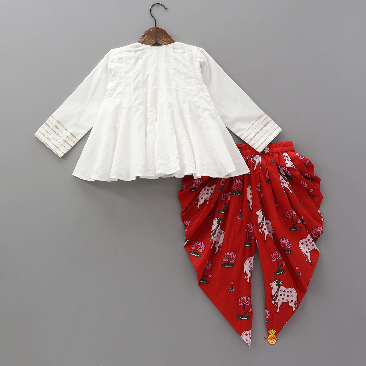Gota Lace Detailed Flared Kurti With Printed Dhoti And Matching Potli Bag