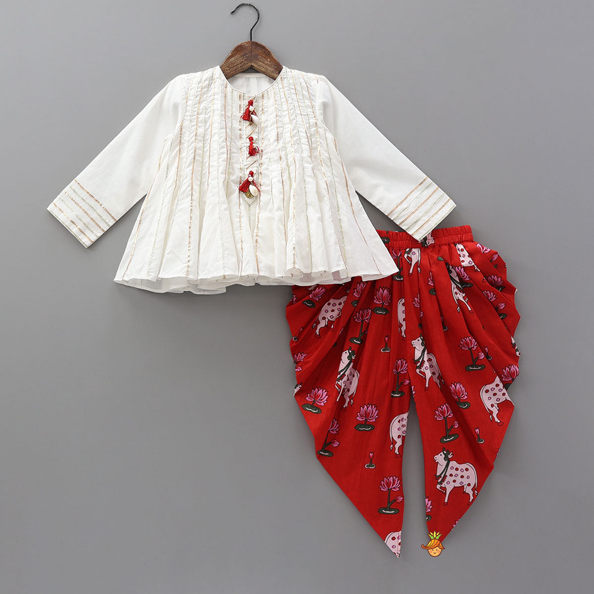 Gota Lace Detailed Flared Kurti With Printed Dhoti And Matching Potli Bag