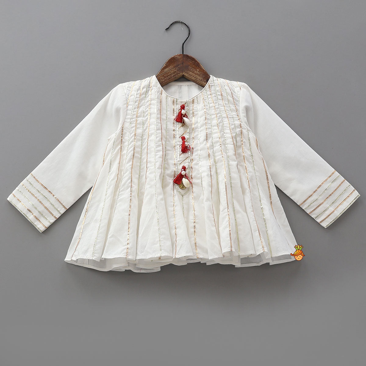 Gota Lace Detailed Flared Kurti With Printed Dhoti And Matching Potli Bag