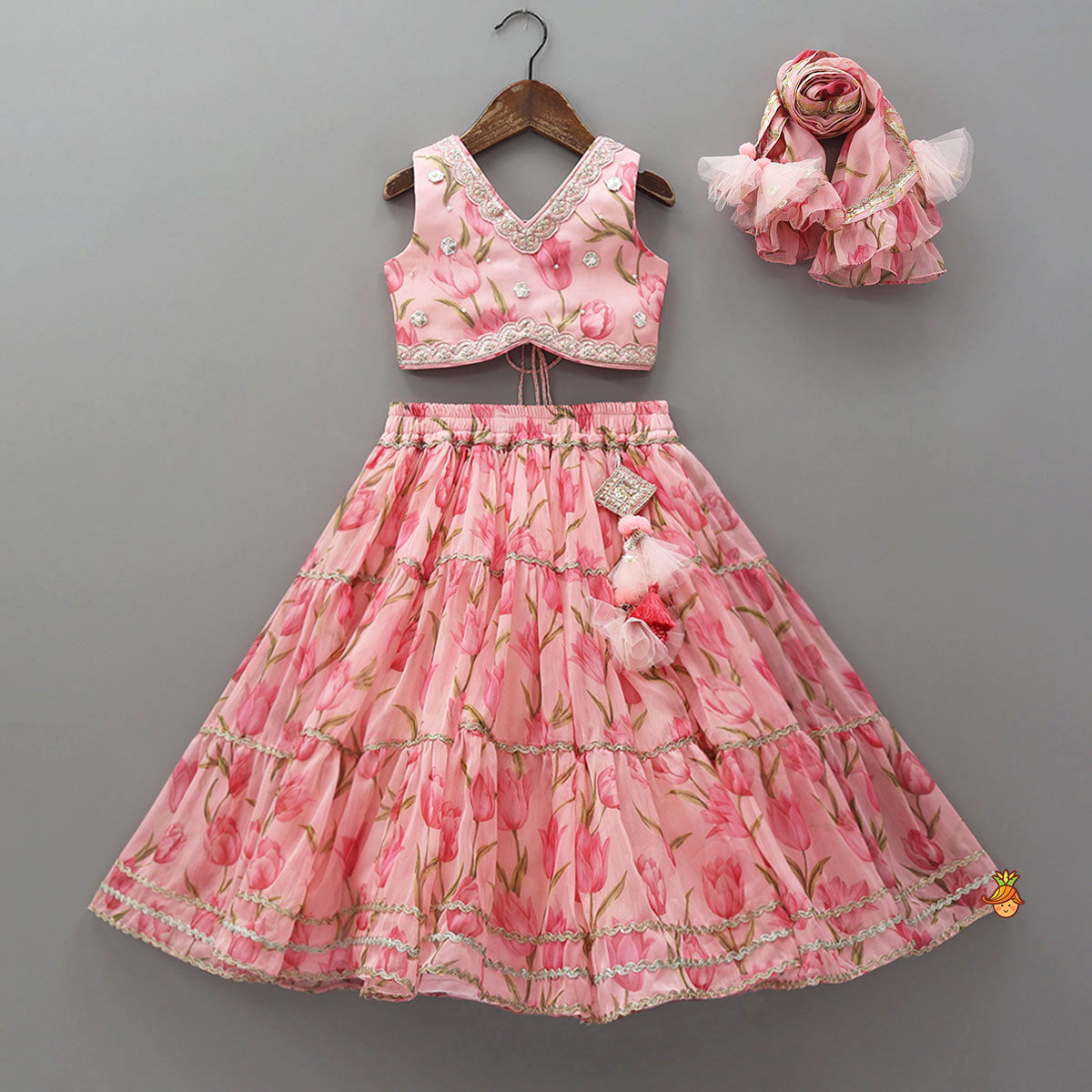 Floral Printed Crop Top And Lehenga With Matching Dupatta