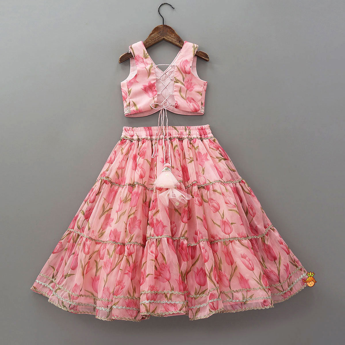 Floral Printed Crop Top And Lehenga With Matching Dupatta