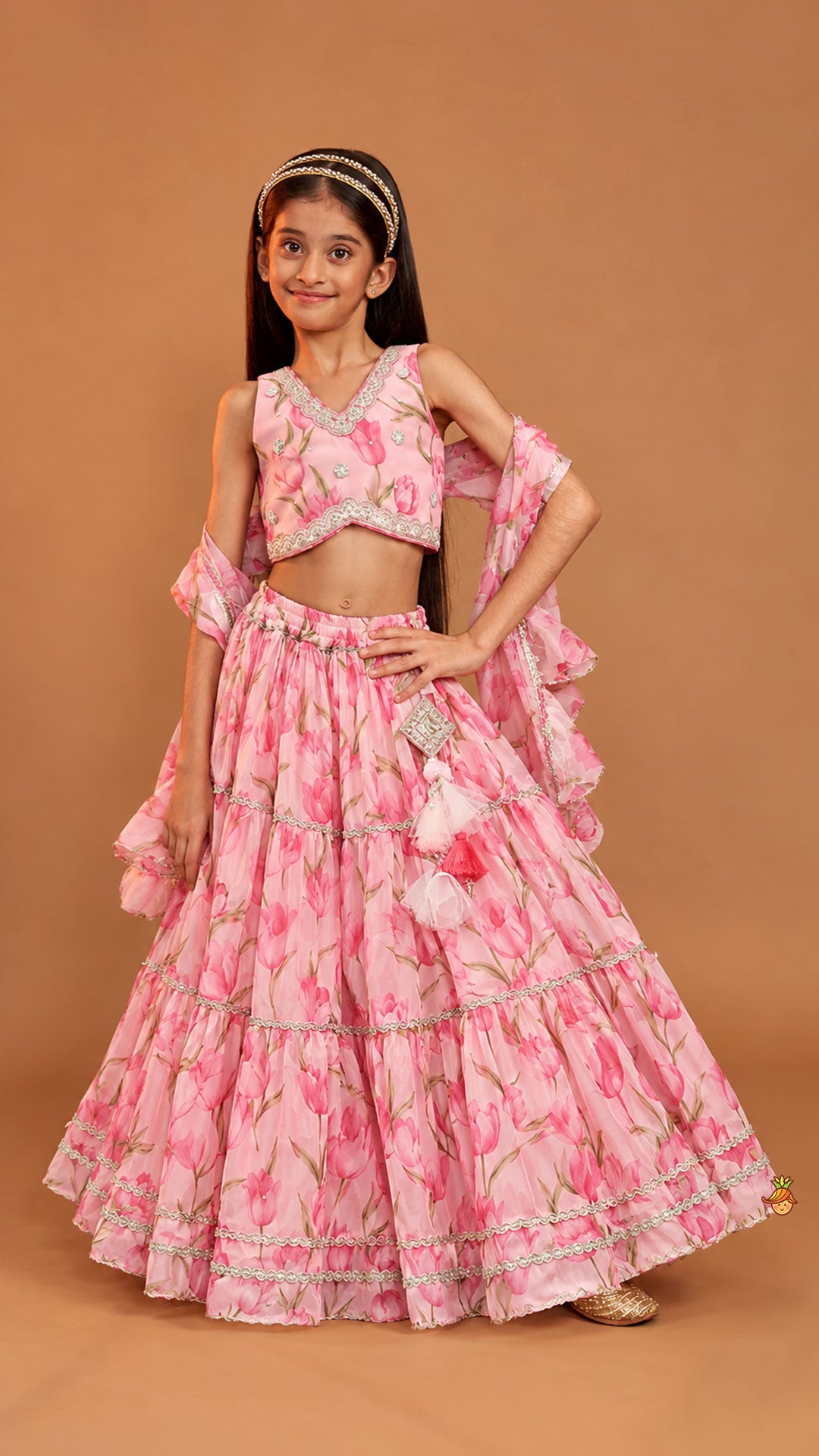 Floral Printed Crop Top And Lehenga With Matching Dupatta