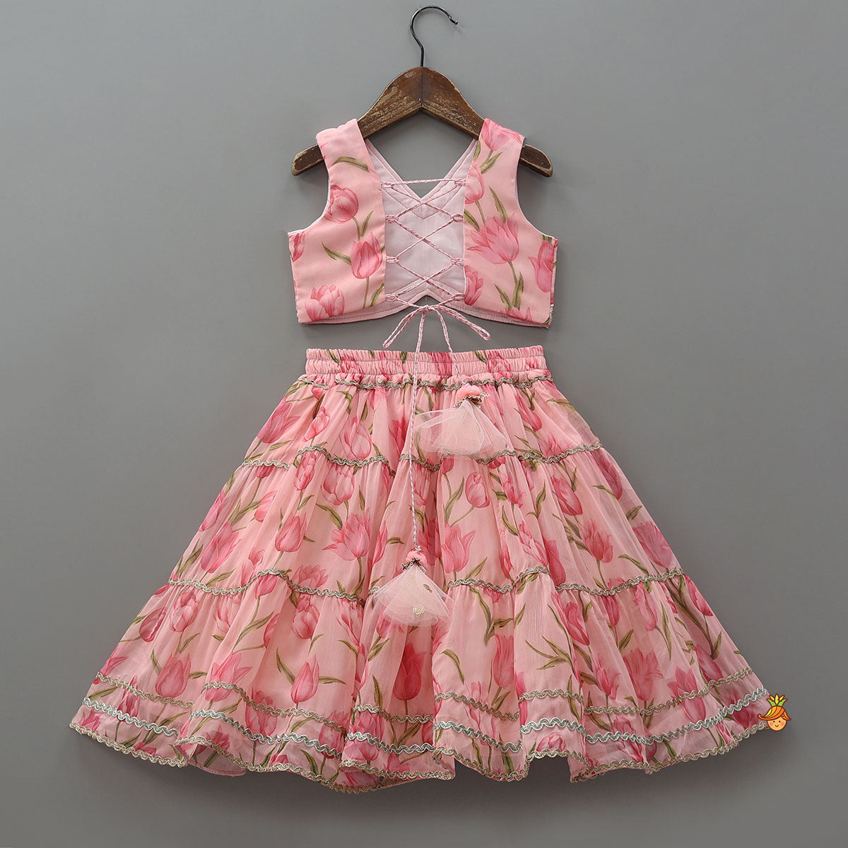 Floral Printed Crop Top And Lehenga With Matching Dupatta