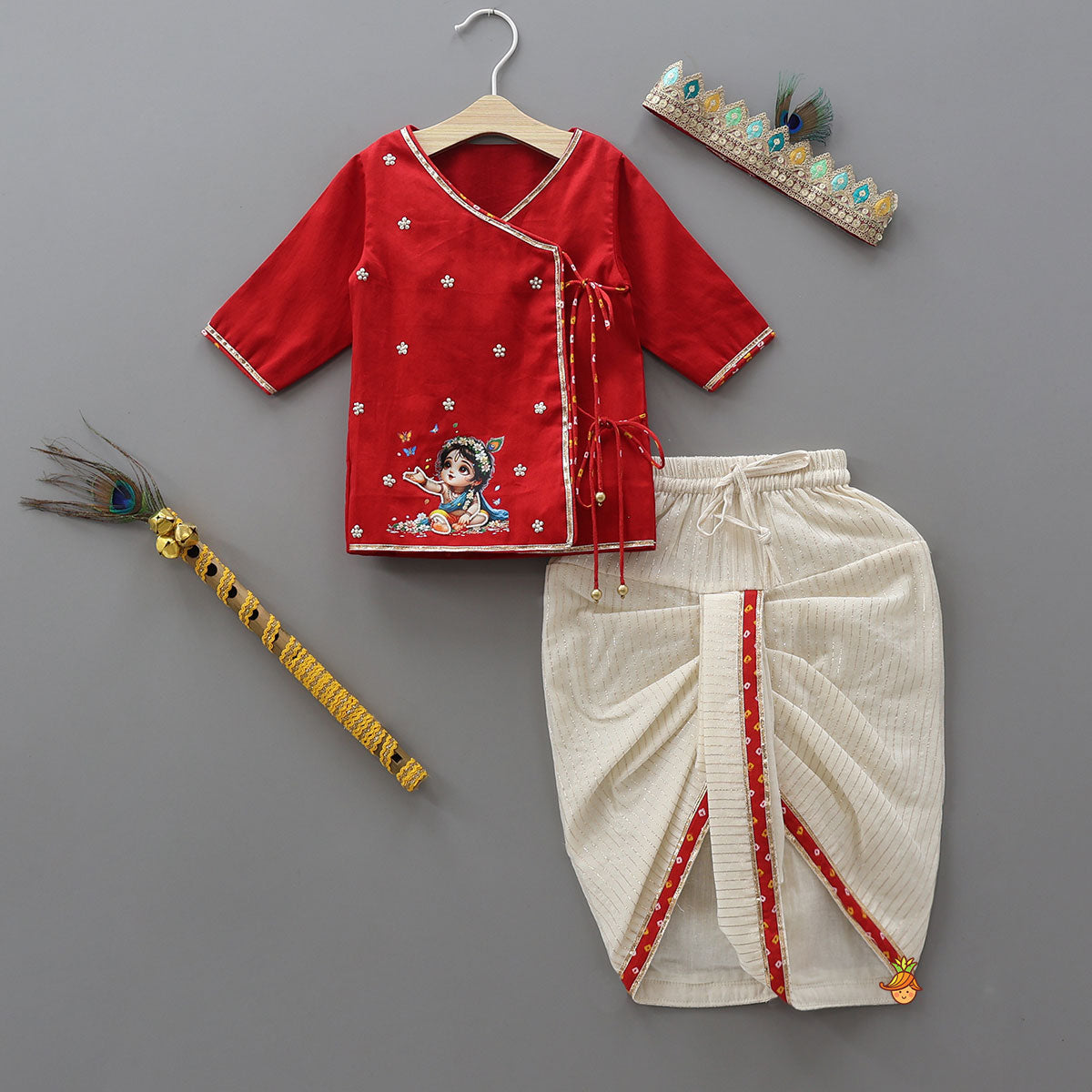 Krishna Motif Printed Kurta And Dhoti With Mukut And Basuri