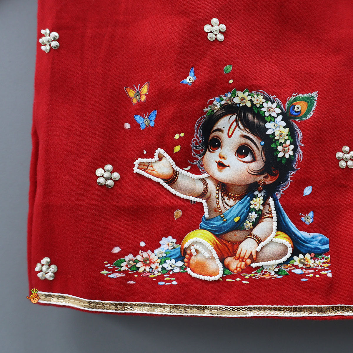 Krishna Motif Printed Kurta And Dhoti With Mukut And Basuri