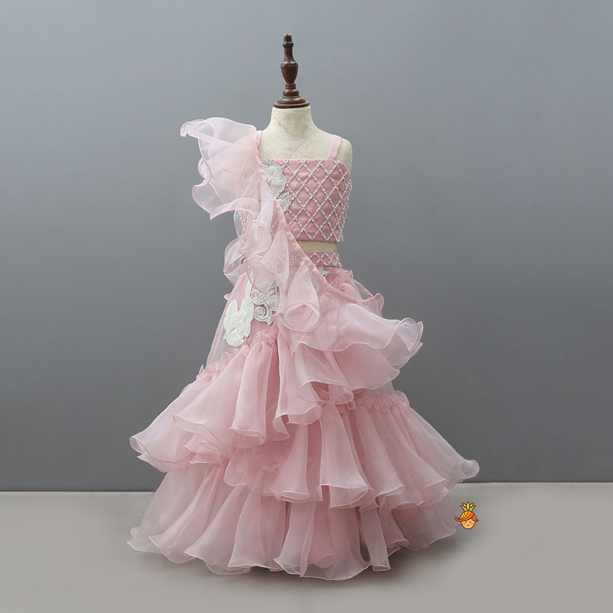 Applique Handwork Crop Top And Ruffle Lehenga With Dupatta