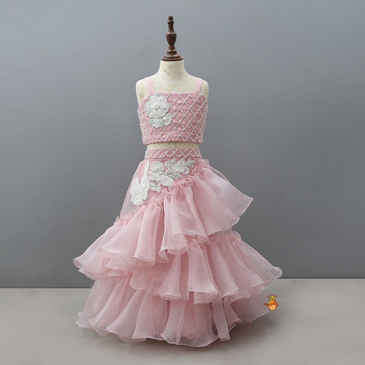 Applique Handwork Crop Top And Ruffle Lehenga With Dupatta
