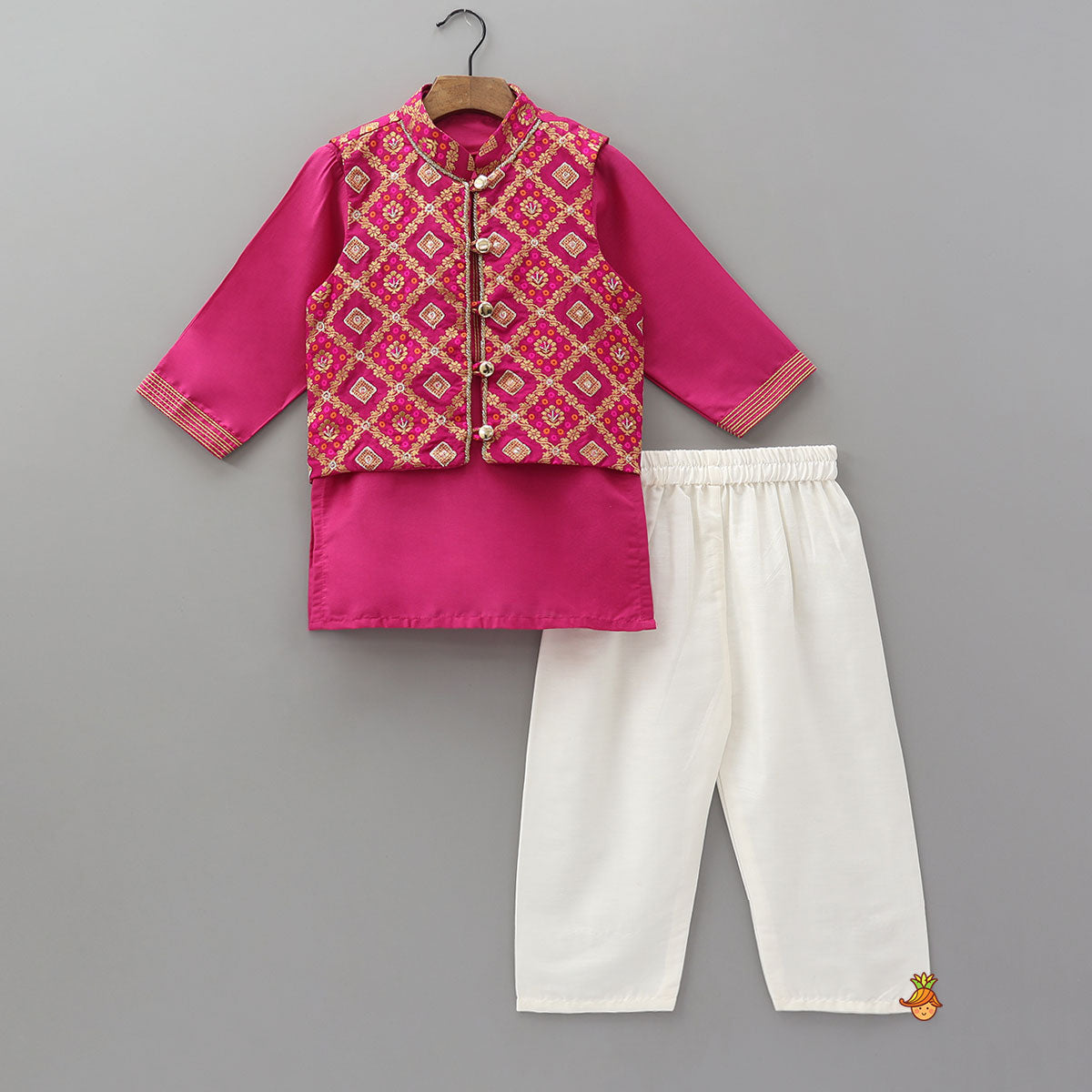 Thread Detailed Kurta with Brocade Jacket and Pyjama