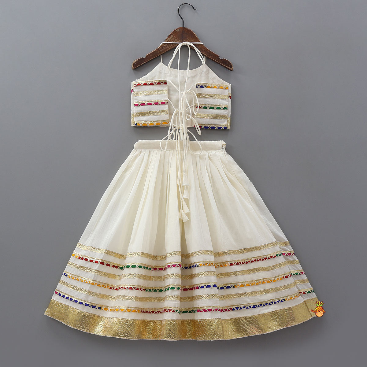 Contrasting Lace Work Halter Neck Crop Top And Lehenga With Leheriya Printed Dupatta