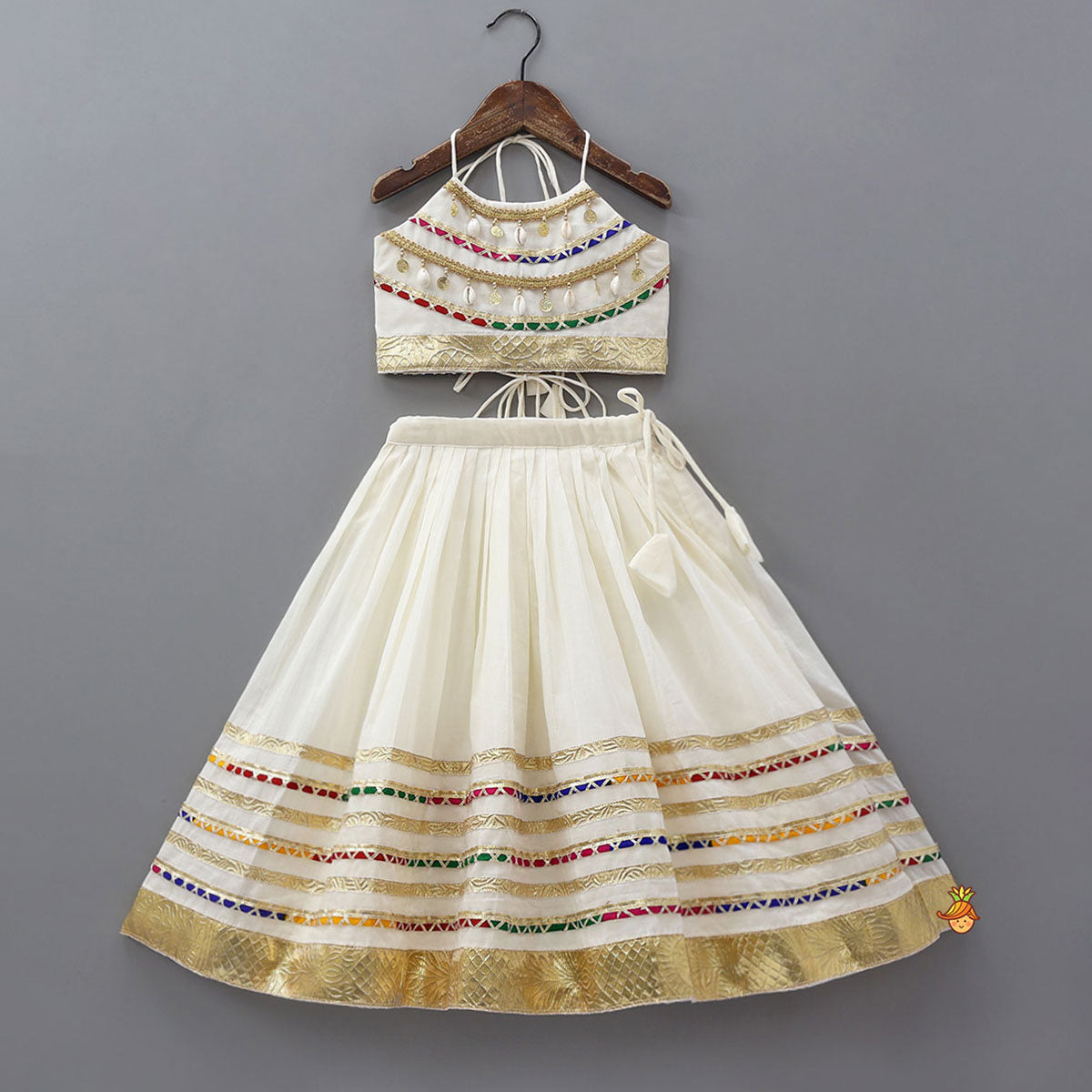 Contrasting Lace Work Halter Neck Crop Top And Lehenga With Leheriya Printed Dupatta