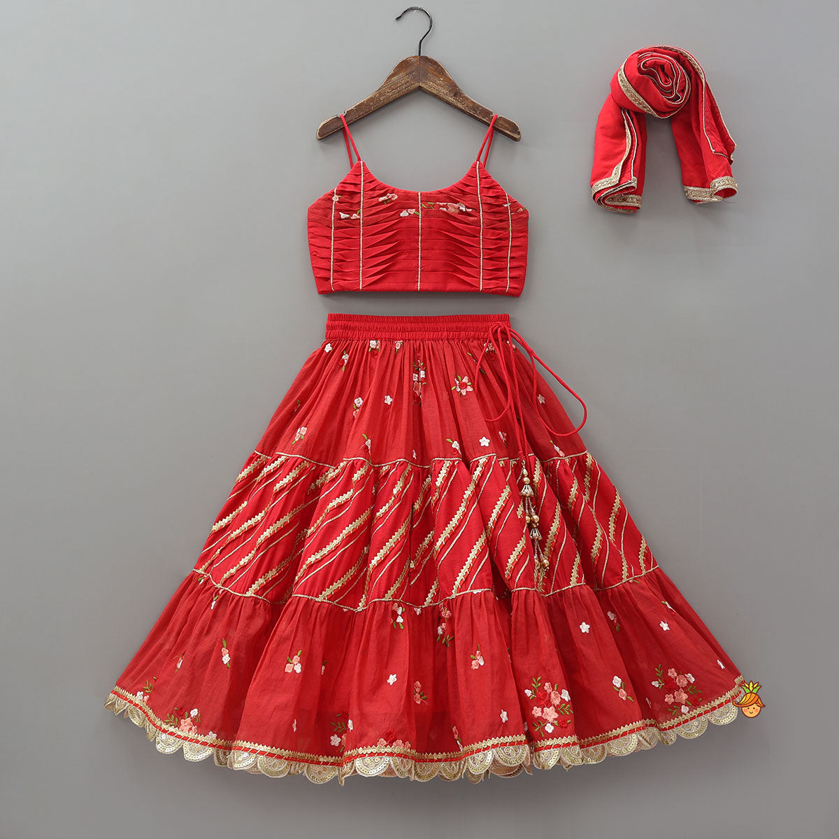Graceful Pleated Crop Top And Floral Tiered Lehenga With Dupatta