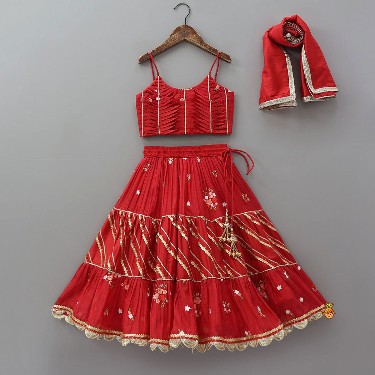 Graceful Pleated Crop Top And Floral Tiered Lehenga With Dupatta