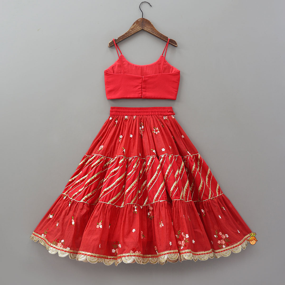 Graceful Pleated Crop Top And Floral Tiered Lehenga With Dupatta