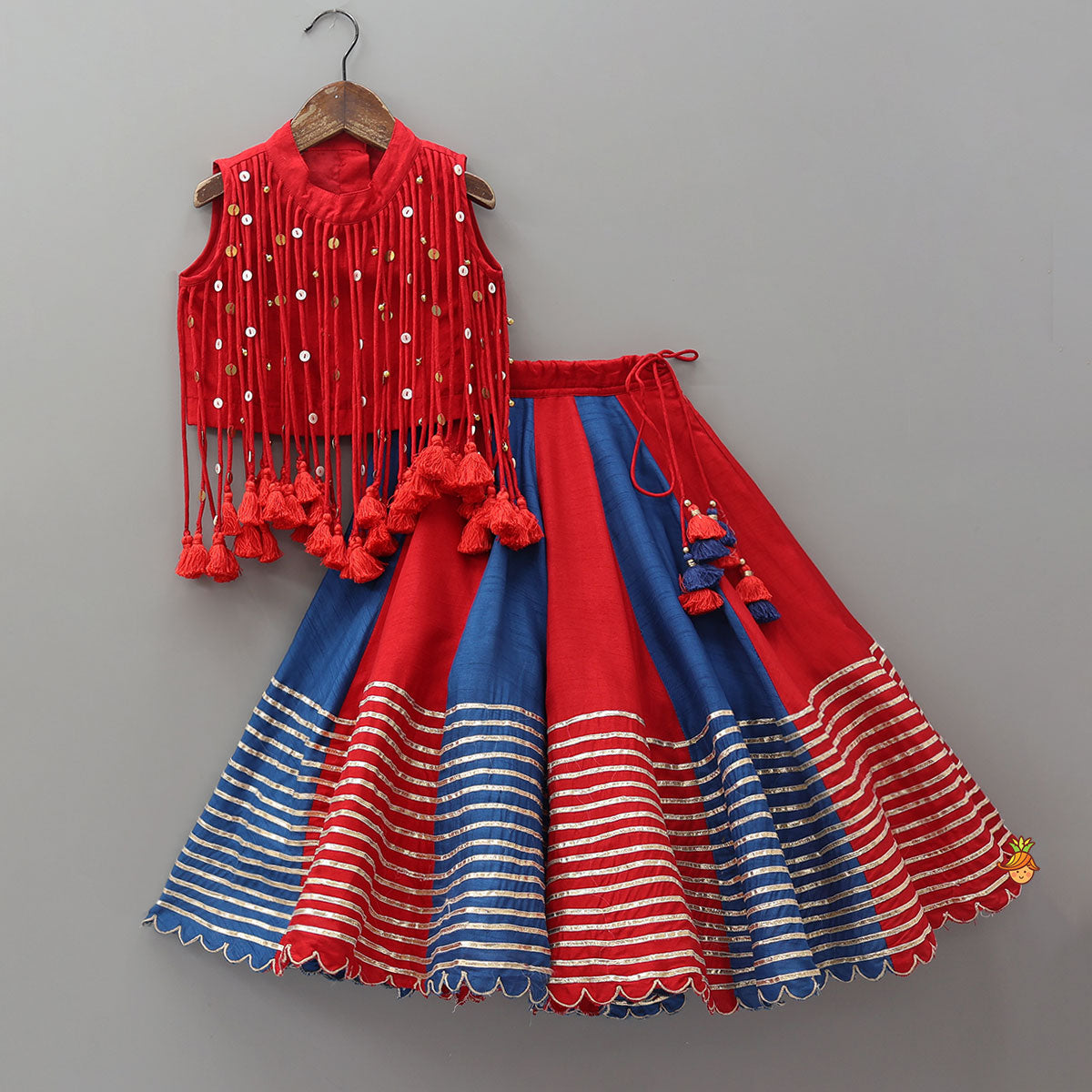 Elegant Multiple Hanging Tassel Detail Crop Top And Colourful Lehenga