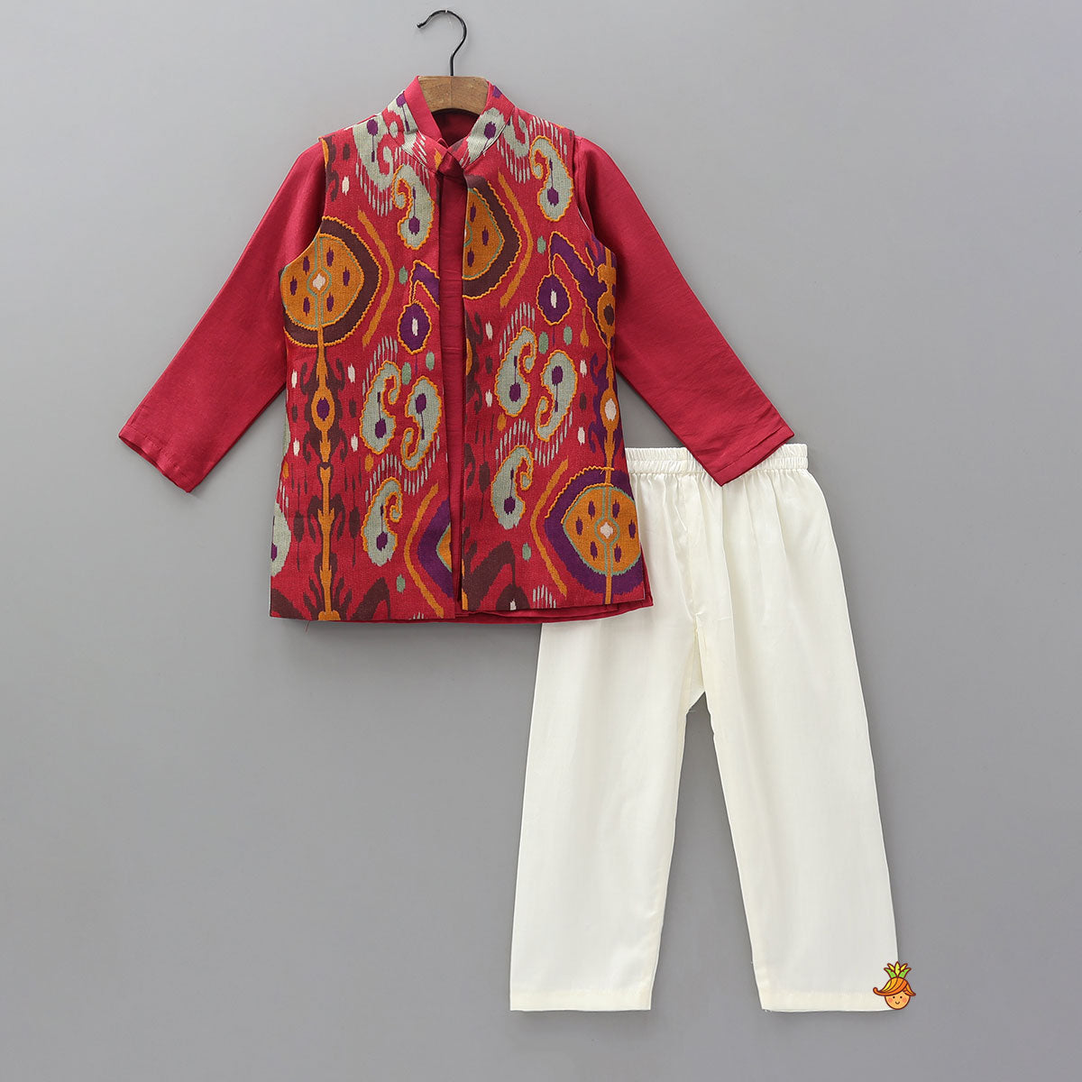 Front Open Ethnic Kurta With Printed Jacket And Pyjama