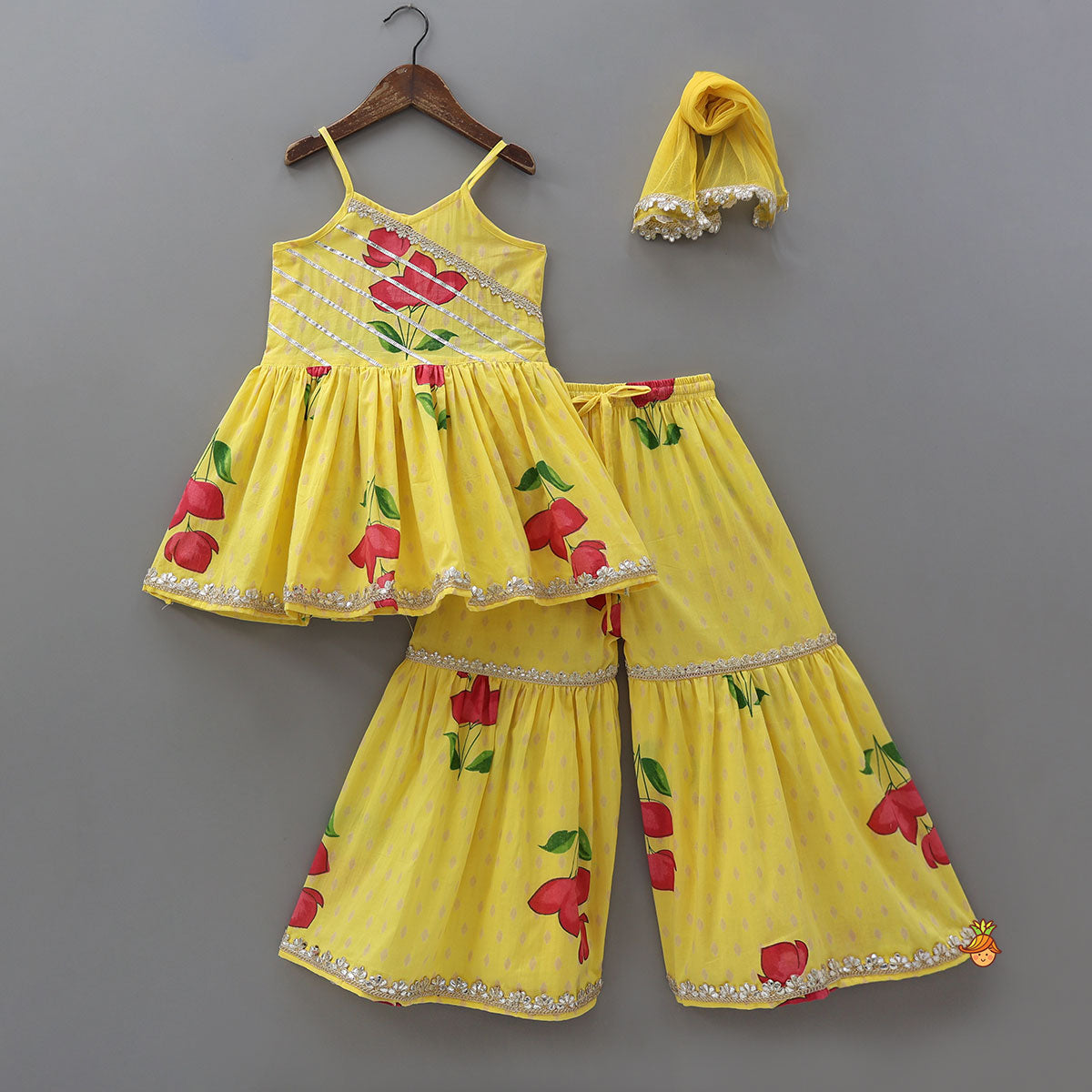 Vibrant Floral Strappy Peplum Top With Sharara And Dupatta