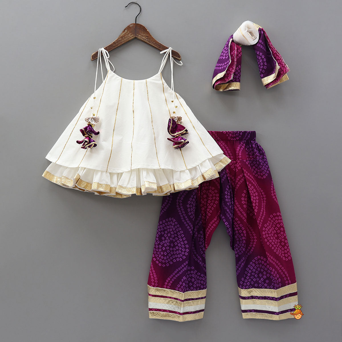 Layered Tie Up Top And Printed Pant With Matching Dupatta