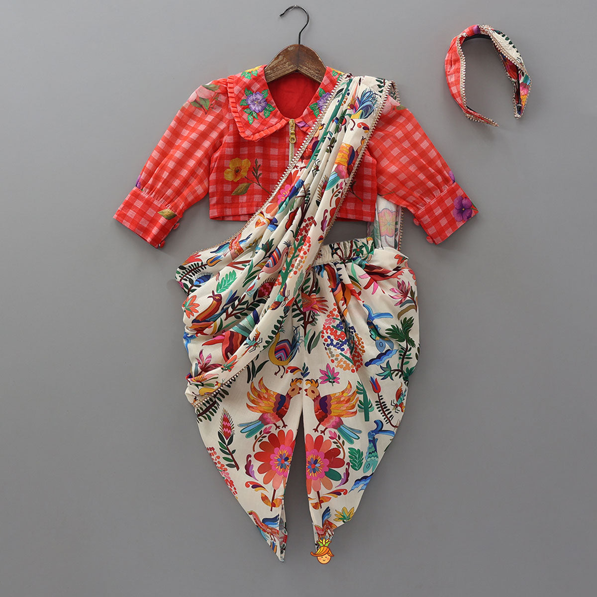Floral Jacket Style Top And Dhoti With Dupatta And Hair Band