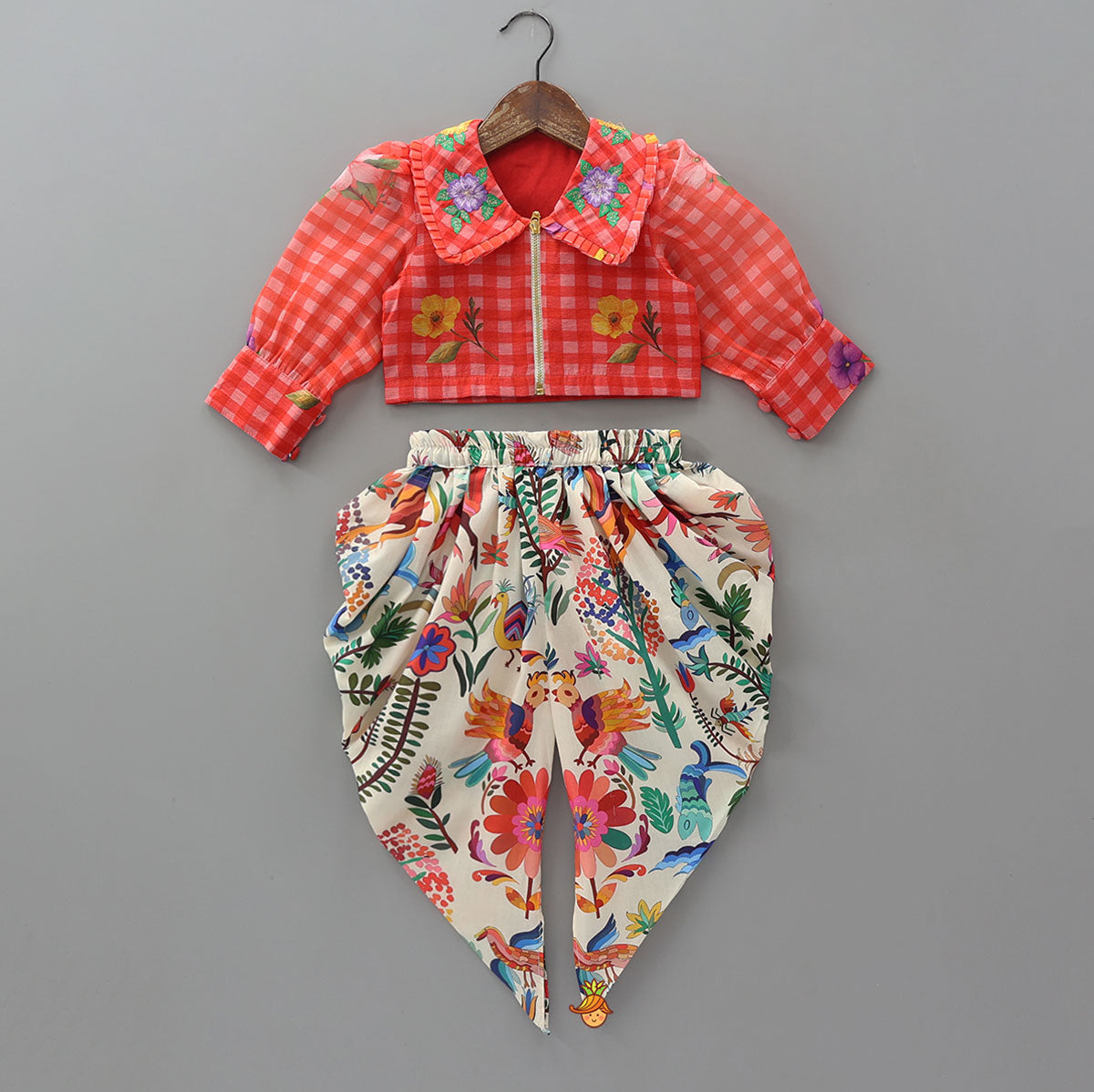 Floral Jacket Style Top And Dhoti With Dupatta And Hair Band