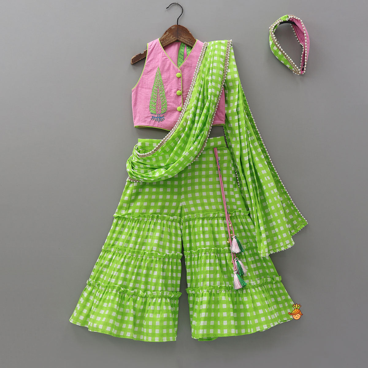 Pretty Zari Embroidered Top And Saree Style Sharara With Detachable Dupatta And Matching Hairband