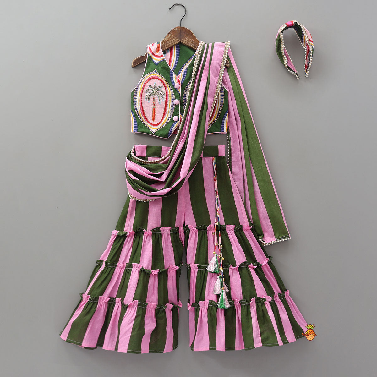 Front Open Crop Top And Sharara With Detachable Dupatta And Hair Band