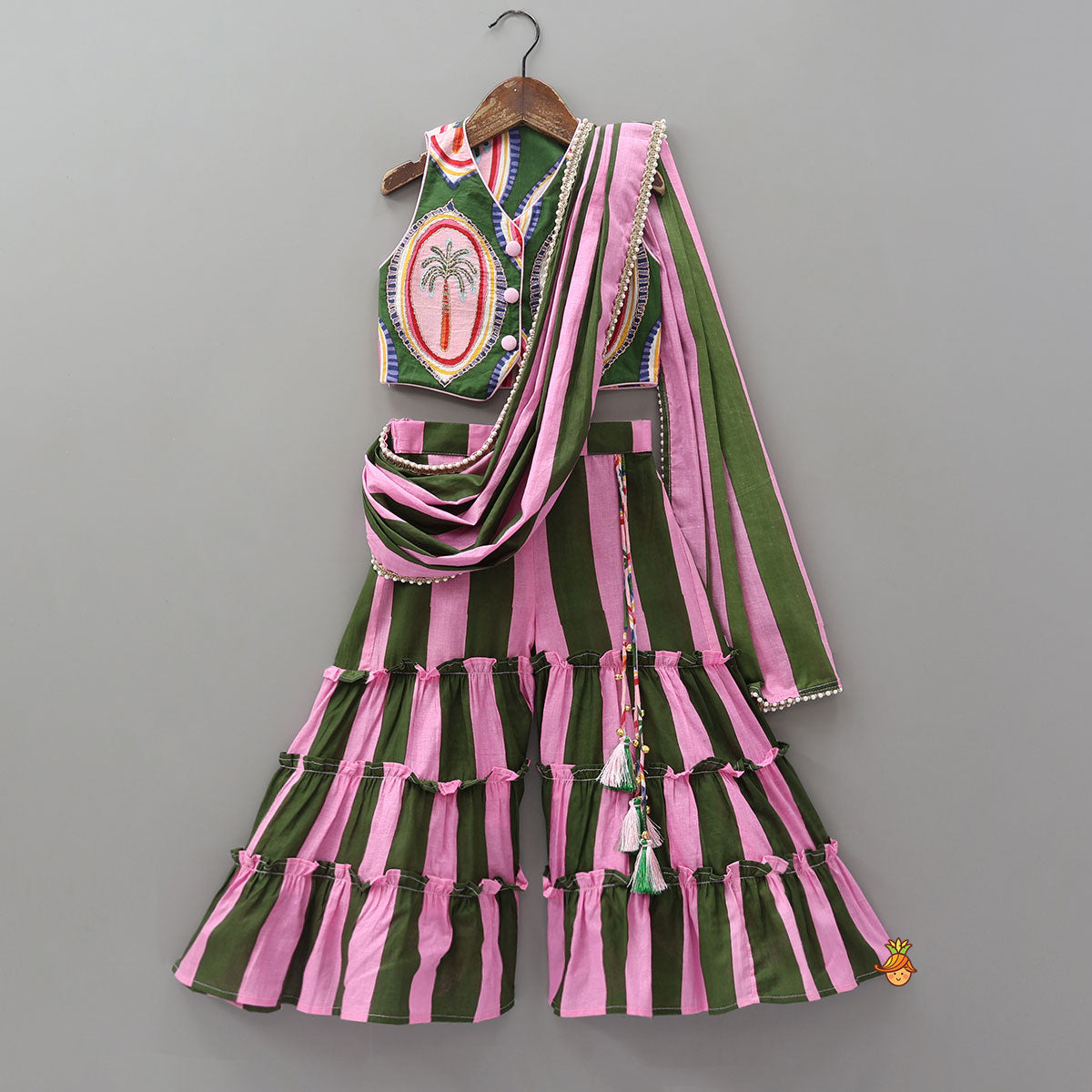 Front Open Crop Top And Sharara With Detachable Dupatta And Hair Band