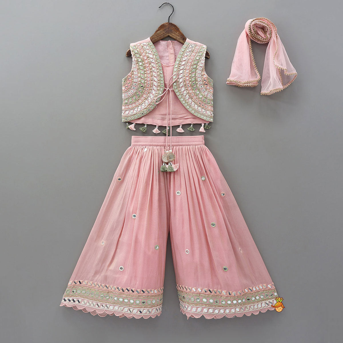 Faux Mirror Work Shimmery Crop Top And Matching Palazzo With Dupatta