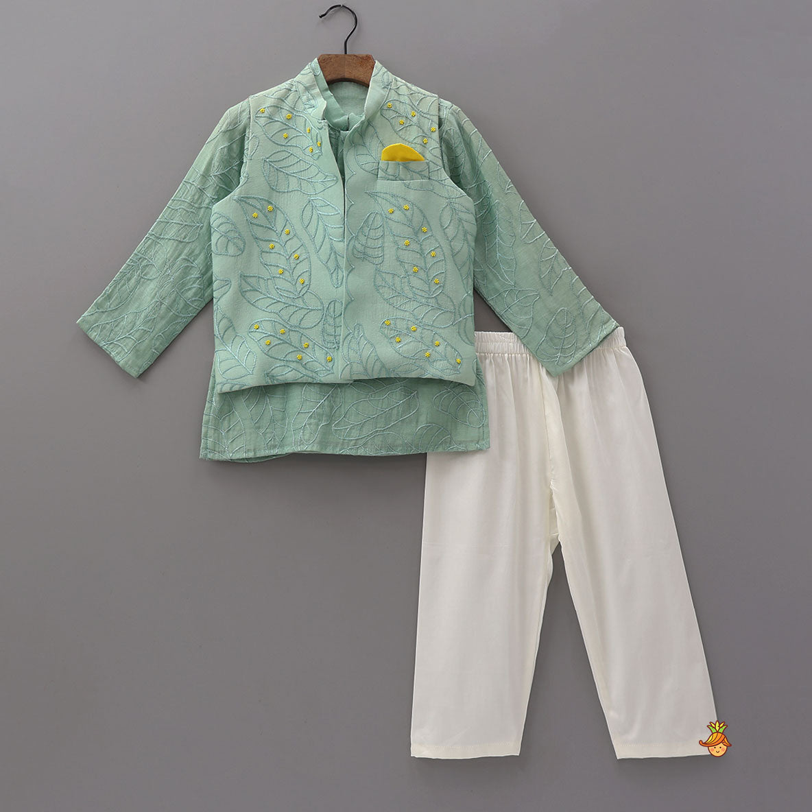 Leaf Motif Embroidered Kurta With Jacket And Pyjama