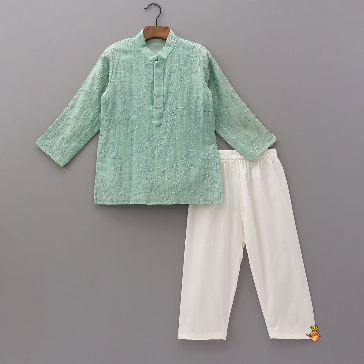 Leaf Motif Embroidered Kurta With Jacket And Pyjama