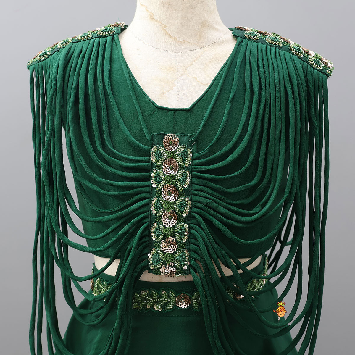Handcrafted Fringe Cape Crop Top And Flared Lehenga