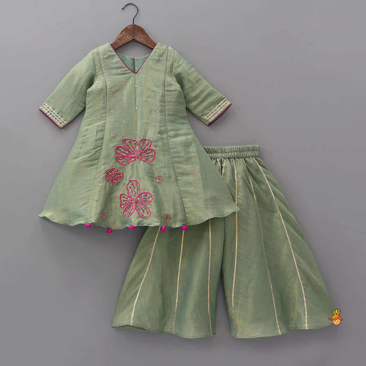 Floral Embroidered A-line Shimmery Kurti And Palazzo