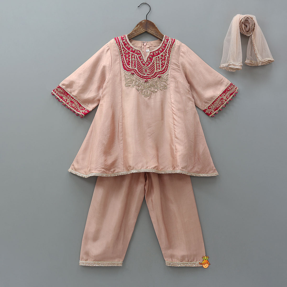 Contrasting Yoke Embroidered Silk Kurti And Pant With Dupatta