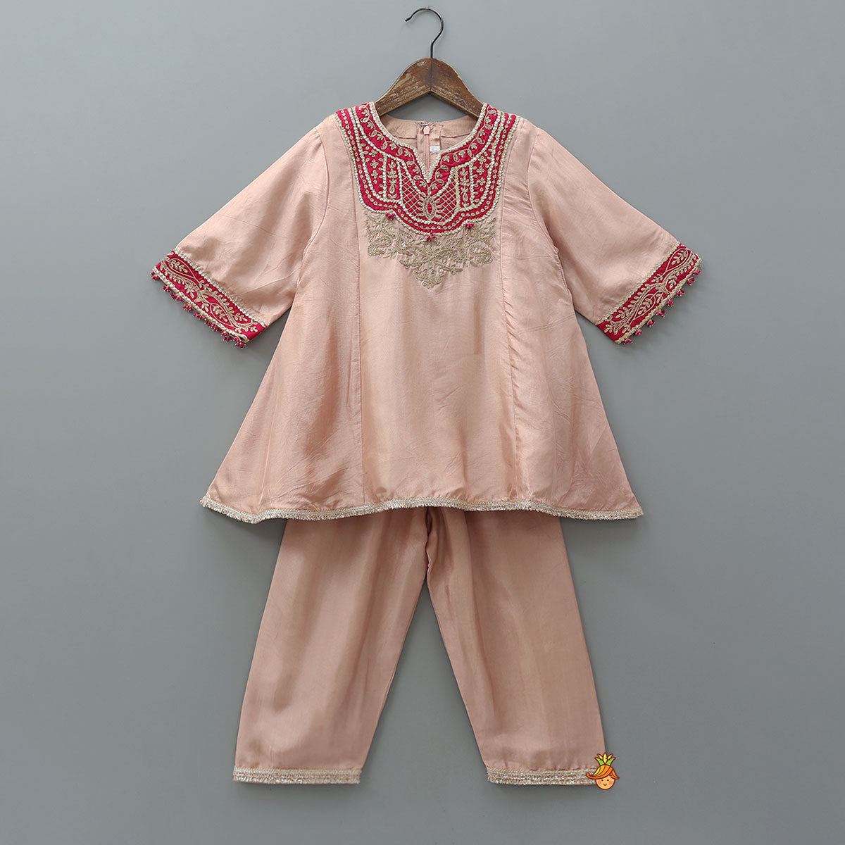 Contrasting Yoke Embroidered Silk Kurti And Pant With Dupatta